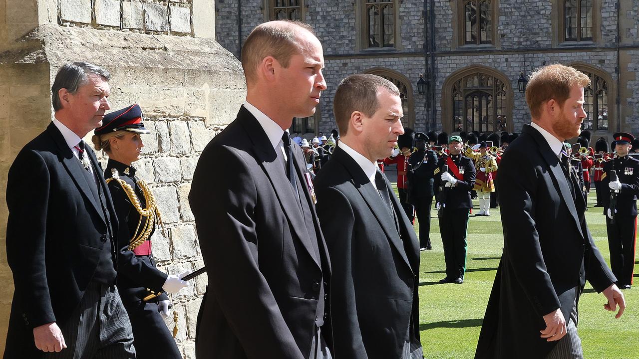 William and Harry, with their cousin Peter Phillips between them, follow Prince Philip’s coffin last Saturday. Picture: Chris Jackson/Getty Images