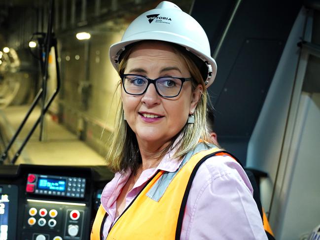 MELBOURNE AUSTRALIA - NewsWire Photos DECEMBER 3, 2023: Premier Jacinta Allan is seen en route to Parkville station after giving a press conference at the new Anzac Station.Picture: NCA NewsWire / Luis Enrique Ascui