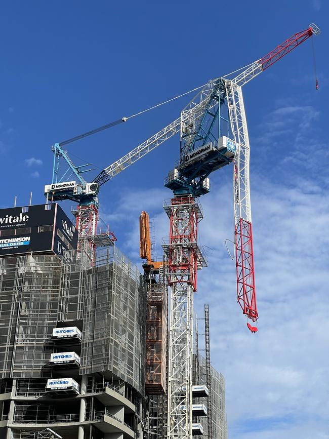 A crane on the Mondrian towers in Burleigh Heads damaged during the Christmas Day storms. Picture: Glenn Hampson.