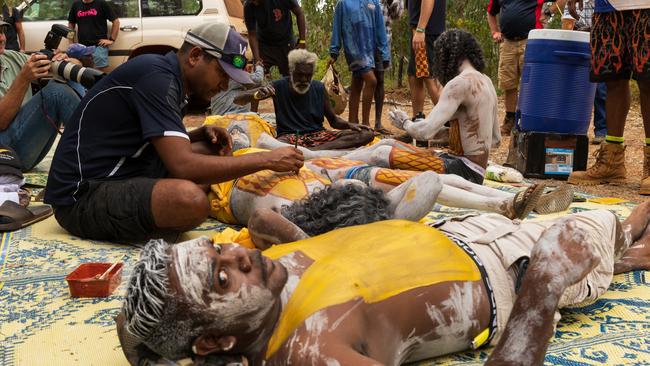 Yolngu men prepare to perform during the Garma Festival at Gulkula on July 29, 2022 in East Arnhem, Australia. Picture: Tamati Smith/ Getty Images