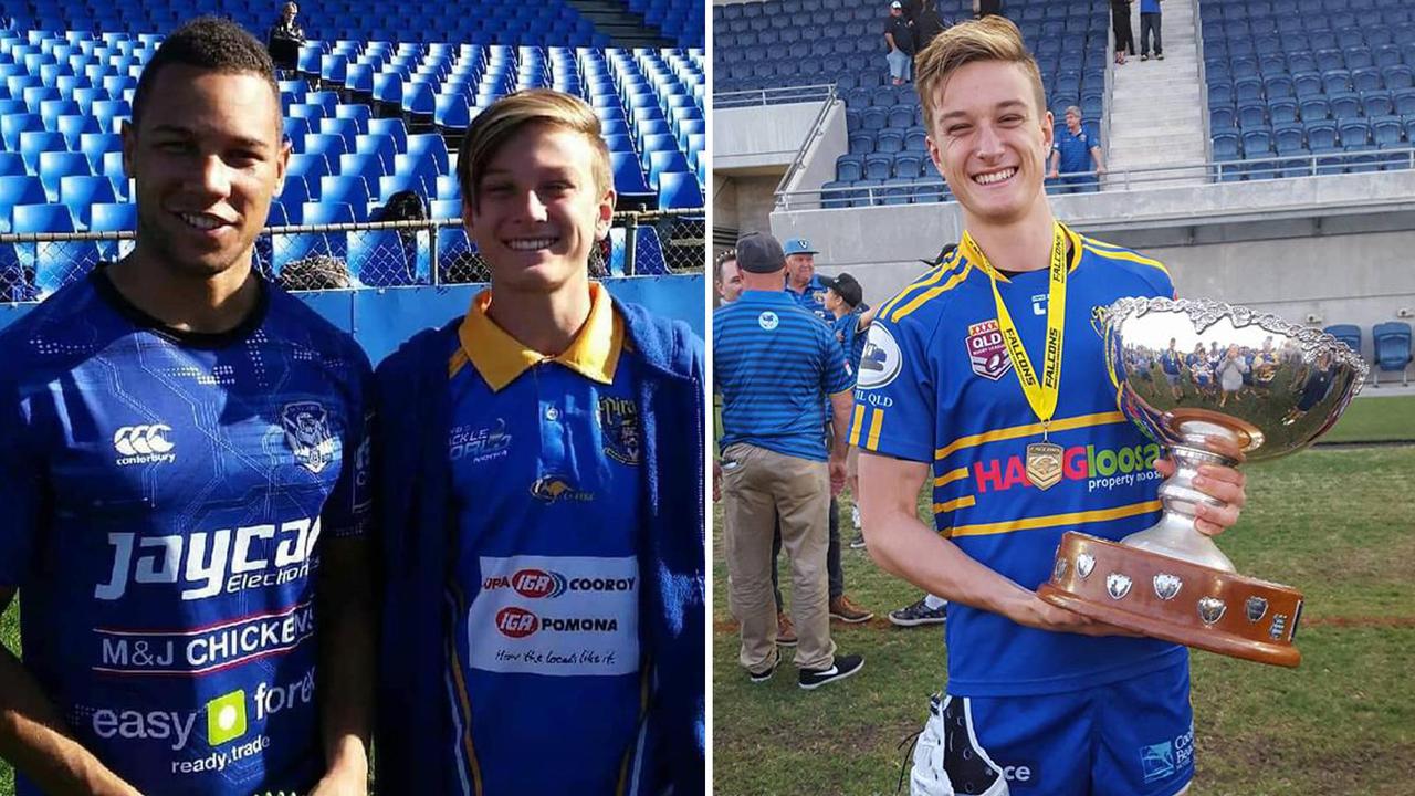 A young Blake Wilson with former Noosa Pirate and NRL star Moses Mbye (left) and Wilson celebrating with the Noosa Pirates (right).