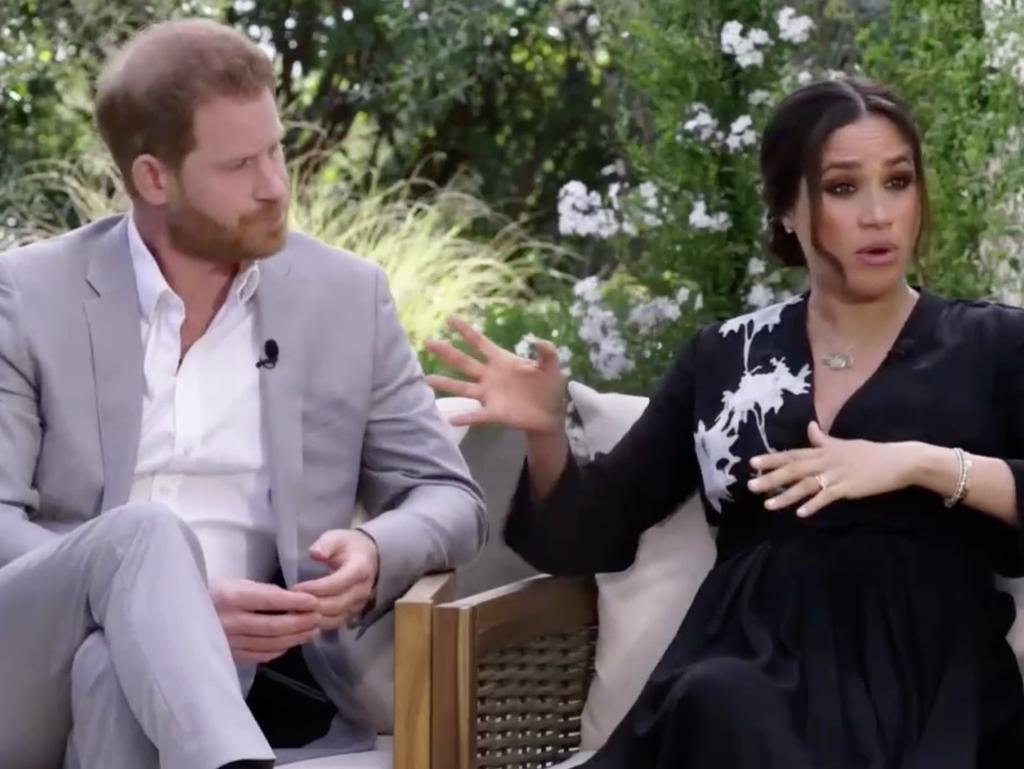 Harry and Meghan during their explosive interview with Oprah Winfrey. Picture: CBS