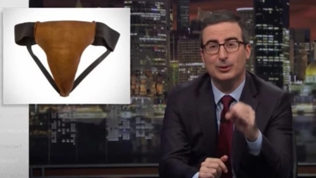 John Oliver announced he purchased Russell Crowe's leather jockstrap in an April episode of the show. Picture: Supplied