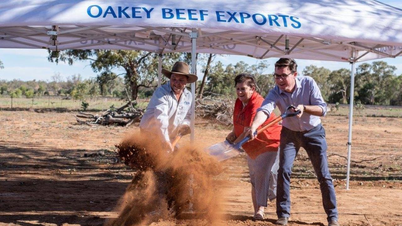 MUCKING IN: Daniel Meacham of Oakey Beef Exports, Mayor Annie Liston and Agriculture Minister David Littleproud turn the sod at the site of the future Morven Freight Hub.