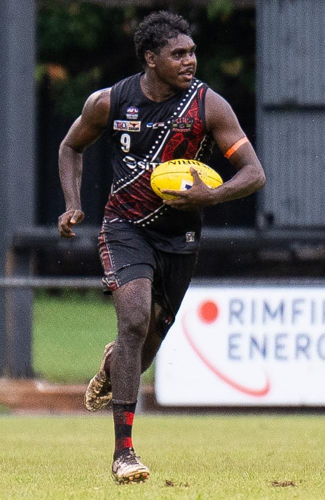 Anthony Munkara playing for the Tiwi Bombers in the 2024-25 NTFL season. Picture: Jack Riddiford / AFLNT Media