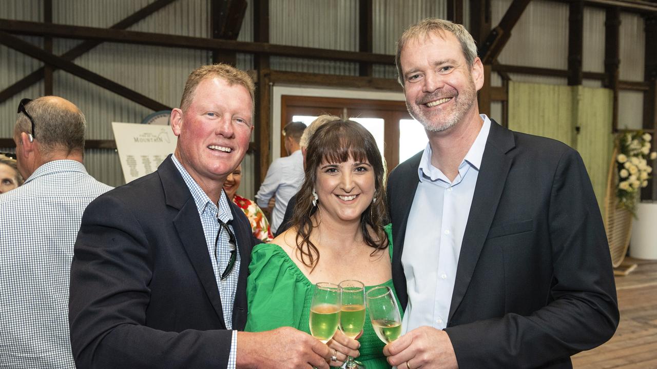Andrew Catlow (left) with Samantha and David Meara at the slot holder draw luncheon for Mort and Co King of the Mountain at The Goods Shed, Friday, October 7, 2022. Picture: Kevin Farmer