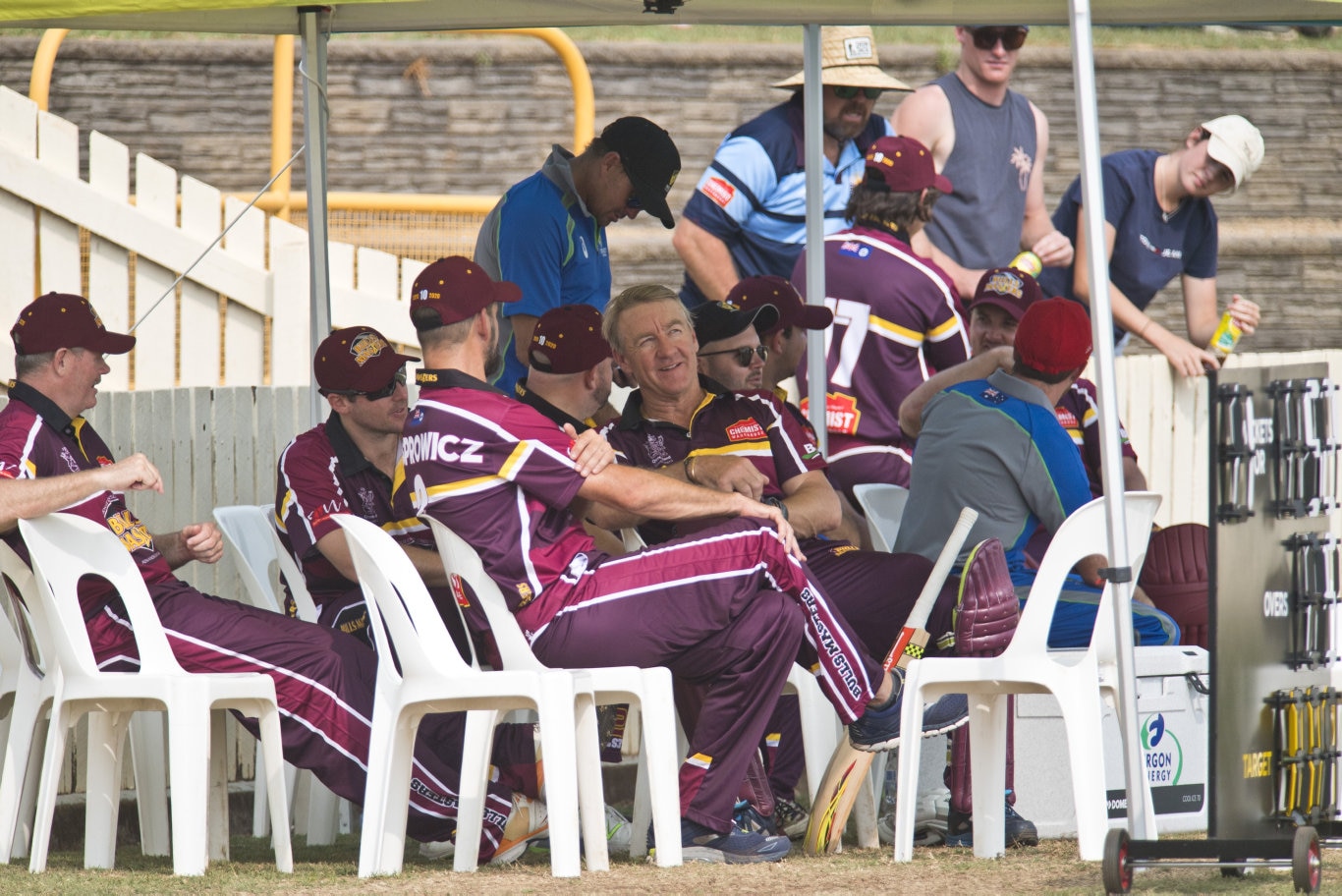 Bulls Masters players including Michael Kasprowicz and Andy Bichel during the game against the Australian Country XI in Australian Country Cricket Championships exhibition match at Heritage Oval, Sunday, January 5, 2020. Picture: Kevin Farmer