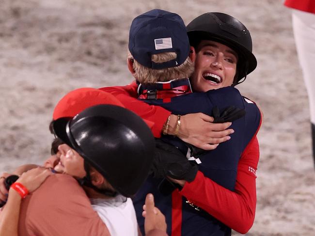 TOKYO, JAPAN - AUGUST 07: Jessica Springsteen of Team United States celebrates winning silver in the Jumping Team Final at Equestrian Park on August 07, 2021 in Tokyo, Japan. (Photo by Julian Finney/Getty Images)