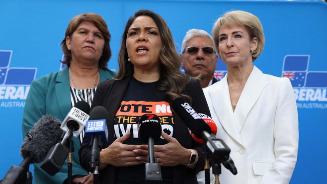 SA Liberal senator Kerrynne Liddle, opposition Indigenous Australians spokeswoman Jacinta Nampijinpa Price, leading No campaigner Warren Mundine and opposition legal affairs spokeswoman Michaelia Cash at a No campaign event in Perth.