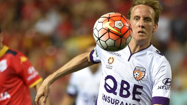 Perth Glory’s Michael Thwaite in action against Adelaide United. Picture: AAP Image/David Mariuz