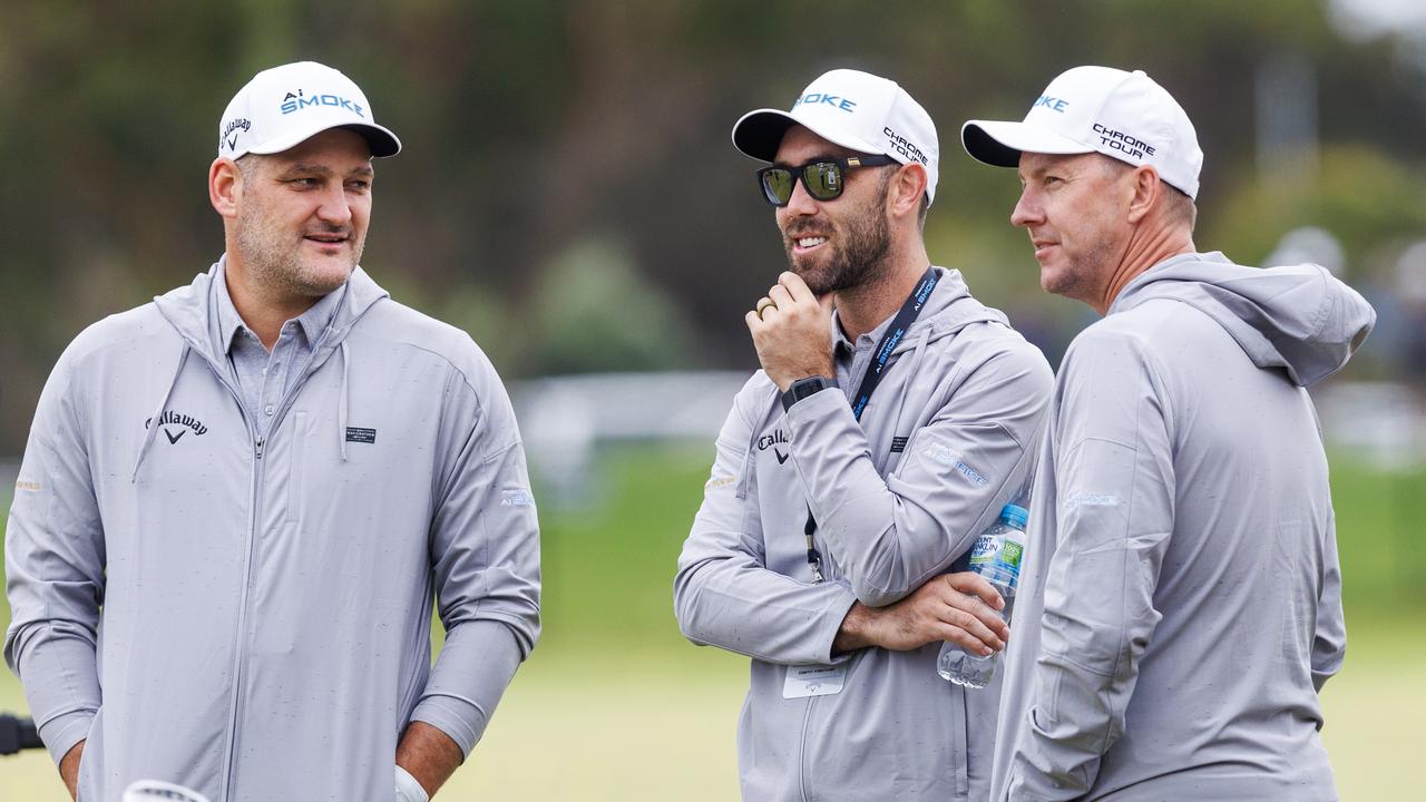 Glenn Maxwell (centre) with Brett Lee and Brendan Fevola during a Callaway golf launch at Sandy Golf Links in Cheltenham. Photo: Aaron Francis / Herald Sun