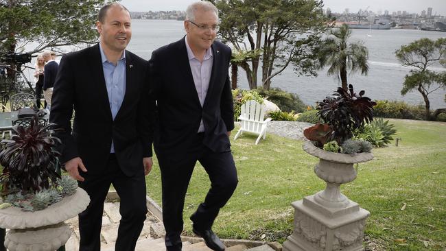 Federal Treasurer, Josh Frydenberg and Prime Minister Scott Morrison after after addressing the media about the results of the Wentworth by-election. Picture: AAP / Chris Pavlich