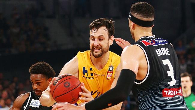 Andrew Bogut was well contained by United. Picture: Getty