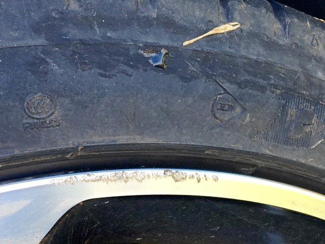 Geraldine Grimish, QLD was driving along Caniaba Road into Lismore on a wet night of July 5 when the pothole punctured the front left passenger side tyre and damaged both rims of her car, setting her back $750. Picture: Geraldine Grimish