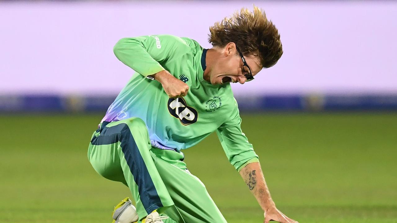 LONDON, ENGLAND - AUGUST 18: Adam Zampa of Oval Invincibles reacts after dismissing Chris Jordan during The Hundred Final between Oval Invincibles and Southern Brave at Lord's Cricket Ground on August 18, 2024 in London, England. (Photo by Philip Brown/Getty Images)