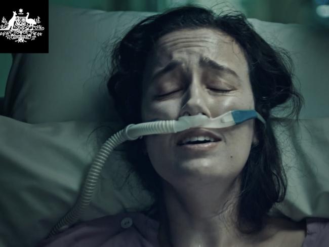 A new Covid-19 ad shows a young woman gasping for air on a hospital bed.