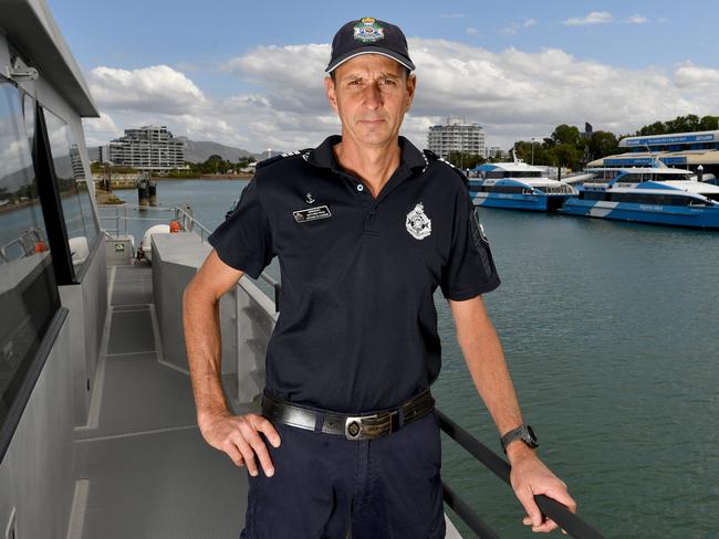 Officer in Charge of Townsville Water Police, Sergeant Matthew Pegg on the Brett Irwin MV. Picture: Evan Morgan