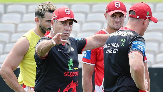 WEEKEND TELEGRAPH 1ST DECEMBER 2023Pictured at Netstrata Jubilee Stadium in Kogarah is St George NRL head coach Shane Flanagan with players Jack Bird and Kyle Flanagan at a training session ahead of the 2024 NRL season.Picture: Richard Dobson