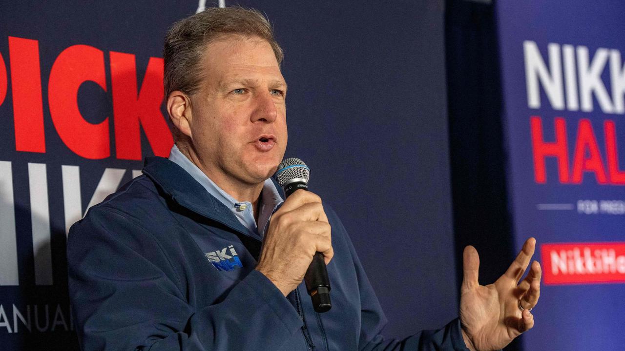 New Hampshire Governor Chris Sununu introduces Republican presidential hopeful and former UN Ambassador Nikki Haley before she speaks at a campaign event in Franklin, New Hampshire on January 22, 2024. (Photo by Joseph Prezioso / AFP)