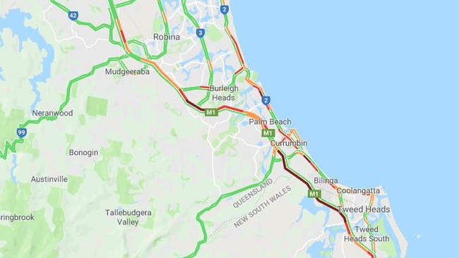 Gold Coast traffic: A Google Maps image showing the M1 and Gold Coast Highway heavily congested.