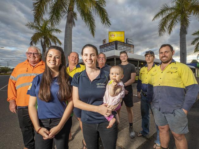 Clermont locals on Herschel Street (L-R) Peter Pavey, Jenny Pongratz, Kel Appleton, Keely McLean holding Isabella 8 months, Roger Vine, Harrison Maggs, Brodie Perry and Chris McLean were excited when the final decision on the Adani Carmichael mine was handed down. Picture Lachie Millard