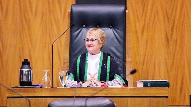 Former Speaker of the House Kezia Purick in the Speaker’s chair for the first sitting of the 2019 parliamentary year. Picture: Justin Kennedy