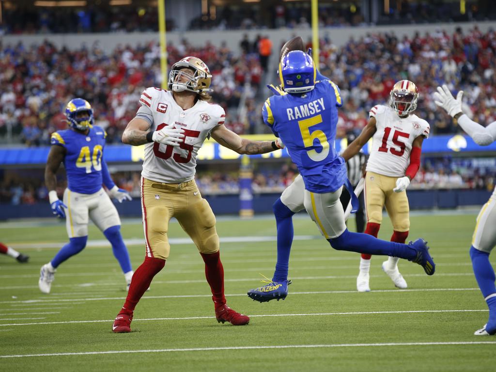 INGLEWOOD, CA - JANUARY 9: Jalen Ramsey #5 of the Los Angeles Rams intercepts a pass during the game against the San Francisco 49ers at SoFi Stadium on January 9, 2022 in Inglewood, California. The 49ers defeated the Rams 27-24. (Photo by Michael Zagaris/San Francisco 49ers/Getty Images)