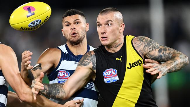 Dustin Martin makes a play for the ball. Picture: Getty