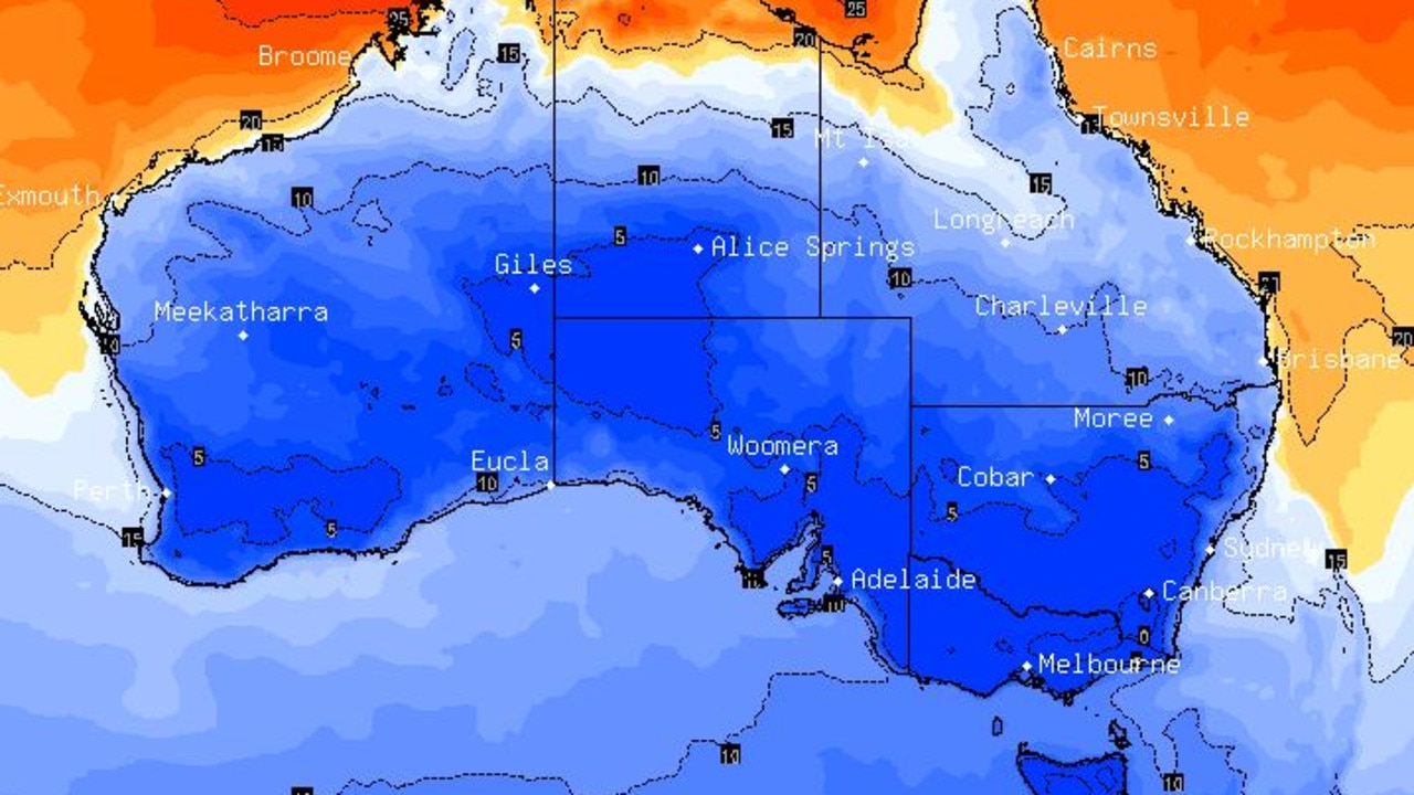 It's a chilly start to the week in much of southern Australia. This temperature map for early Monday morning shows temperatures below 10C for much of the country Picture: BSCH