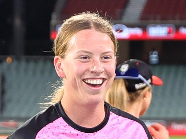 ADELAIDE, AUSTRALIA - OCTOBER 27: Caoimhe Bray of the Sydney Sixers and Sarah Bryce of the Sydney Sixers walk off after the win during the WBBL match between Melbourne Renegades and Sydney Sixers at Adelaide Oval on October 27, 2024, in Adelaide, Australia. (Photo by Sarah Reed/Getty Images)