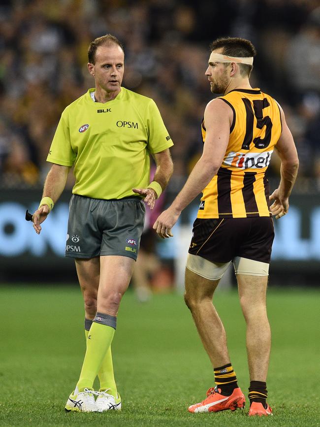 Luke Hodge (right) argues with umpire Dean Margetts during the Qualifying Final between Geelong and Hawthorn in 2016. Picture: AAP Image/Julian Smith.