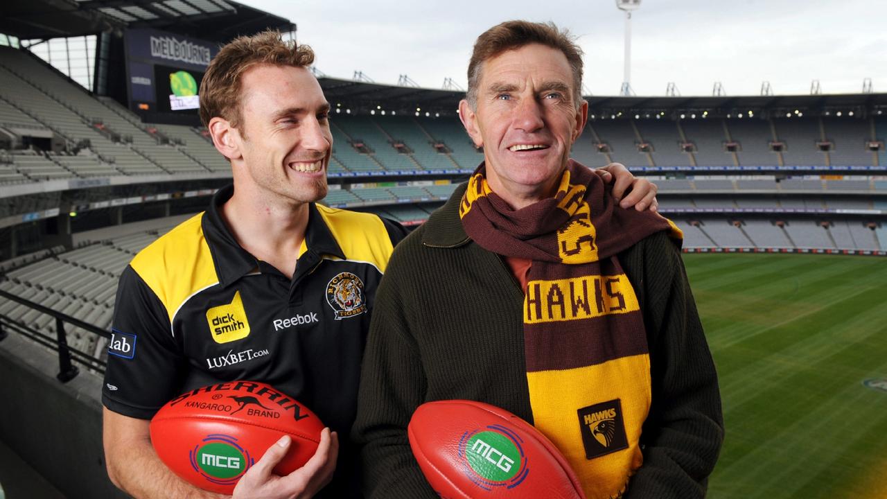 Hawthorn legend Michael Tuck with his late son and then-Richmond player Shane Tuck at the MCG in 2009. Picture: Craig Borrow