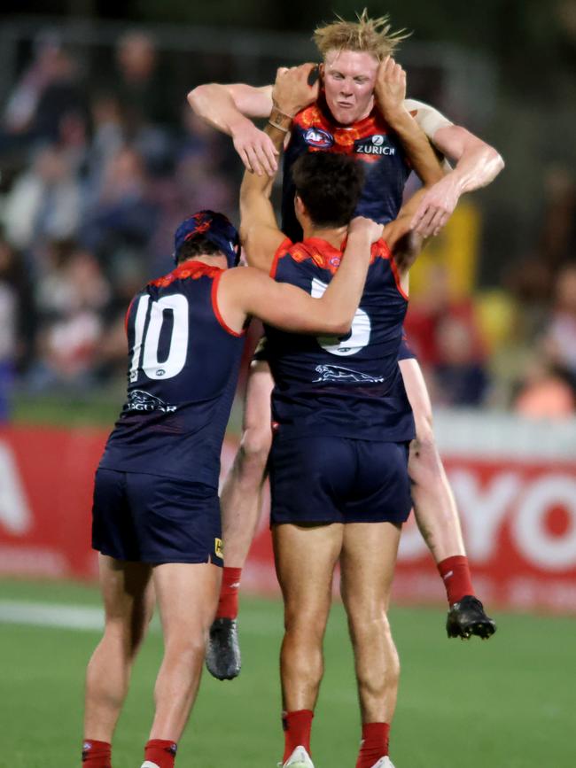 Melbourne’s Clayton Oliver celebrates a goal against St Kilda at Traeger Park in August, 2020. (Photo by Kelly Barnes/Getty Images)