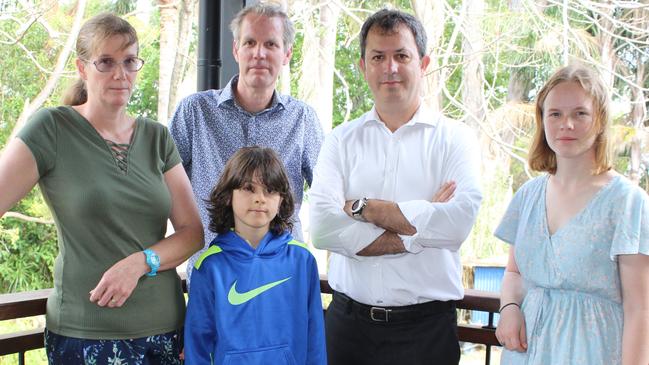 Deagon residents with concerns about the Sandgate District Neighbourhood Plan draft strategy are (from left): Tanya Carlin, Neil McCrossin, Jean-Paul Cardoso, Jemma McCrossin and (front) Marcus Cardosa. Picture: Michelle Smith