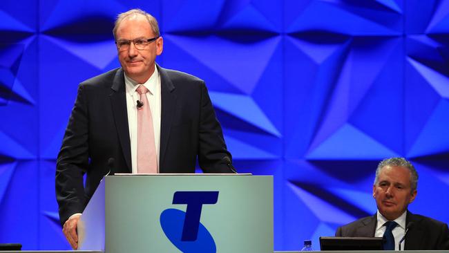 Telstra chairman John Mullen and CEO Andrew Penn during last year’s Telstra's AGM. Pic: Aaron Francis