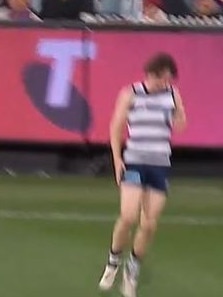 Max Holmes clutches at his hamstring. Picture: Channel 7