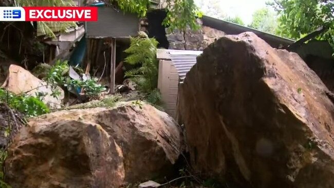 A rockslip at Mackerel Beach on the northern beaches destroyed one home and damaged another. Picture: 9News.