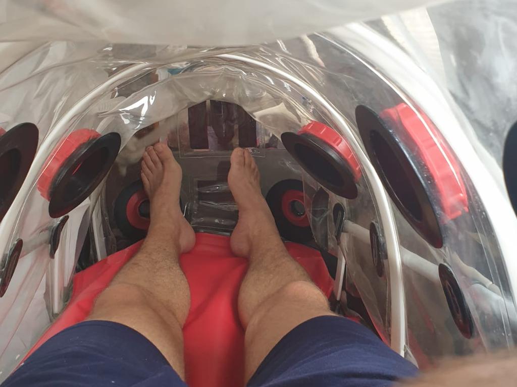 The view from inside Mike Hussey’s body bag. Not good for anyone who is claustrophobic. Picture: Supplied.