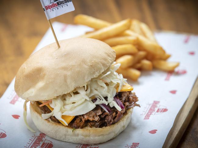 Devils Kitchen Cafe’s Korean Pulled Pork burger. Picture: Chris Kidd