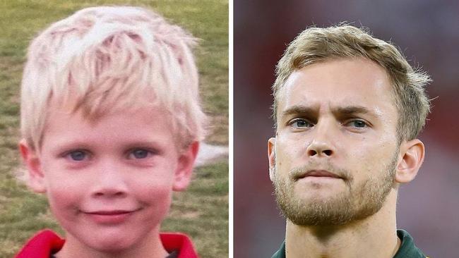 Nathaniel Atkinson while playing for his local club, Launceston's Riverside Olympic, as a child, and then for the Socceroos. Photo: supplied.