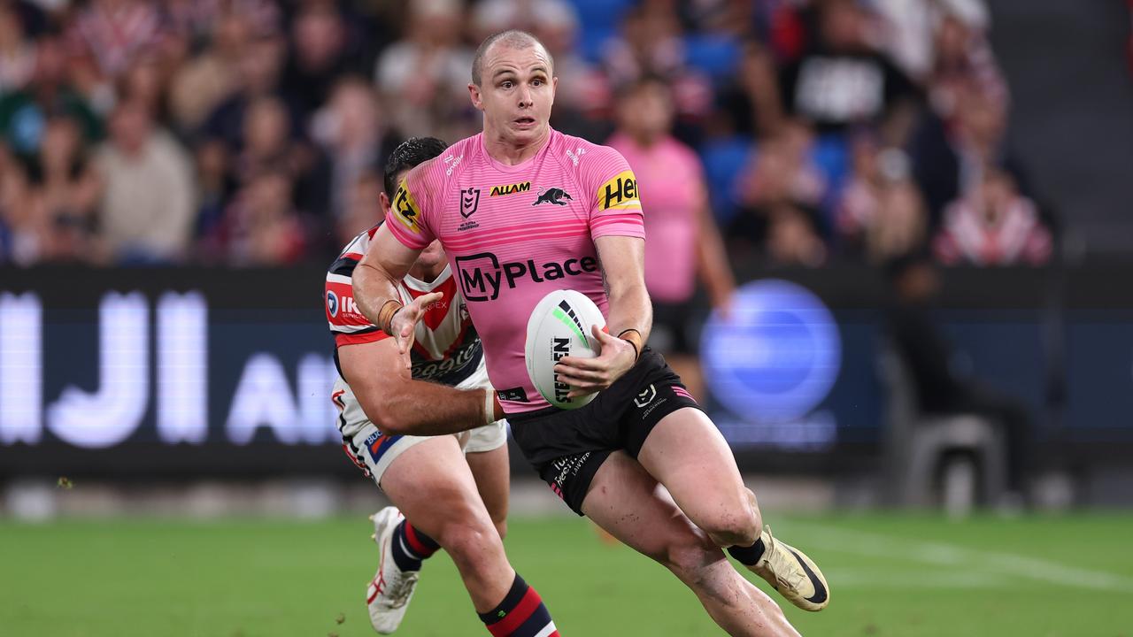 SYDNEY, AUSTRALIA - MARCH 28: Dylan Edwards of the Panthers is tackled during the round four NRL match between Sydney Roosters and Penrith Panthers at Allianz Stadium on March 28, 2024, in Sydney, Australia. (Photo by Cameron Spencer/Getty Images)