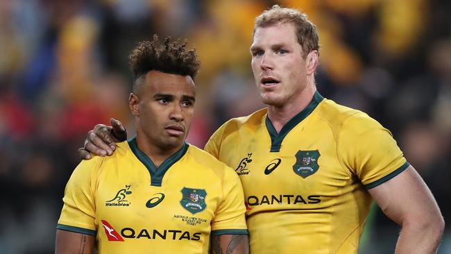 A dejected Will Genia and David Pocock after Australia's loss in the Australian Wallabies v New Zealand All Blacks Bledisloe Cup match at ANZ Stadium, Homebush. Picture: Brett Costello