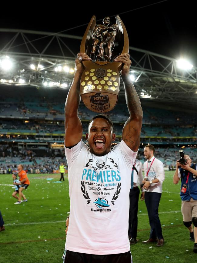 Ben Barba with the 2016 NRL premiership trophy. Picture: Brett Costello