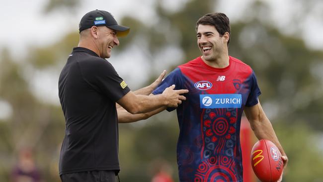 Christian Petracca catches up with new Richmond coach Adam Yze. Picture: Michael Klein