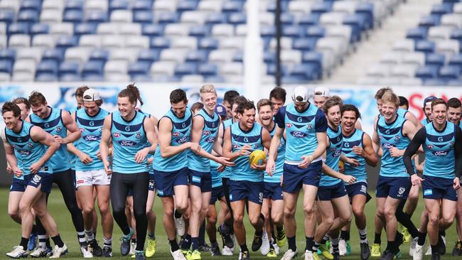 Geelong players prepare for a good game. Picture: Getty Images