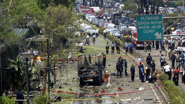 Outside the Australian embassy in Jakarta after the car bomb explosion. Picture: AP