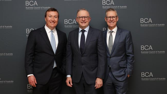 BCA Dinner arrivals on Tuesday night Prime Minister Anthony Albanese, President BCA Geoff Culbert and BCA CEO Bran Black. Picture: Jane Dempster/The Australian.