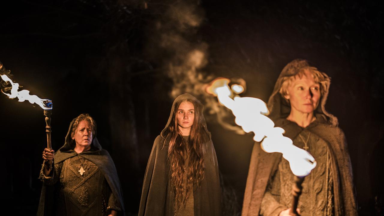 Ann Dowd, Jessica Barden and Essie Davis in a scene from the TV series Lambs of God. Supplied by Foxtel.