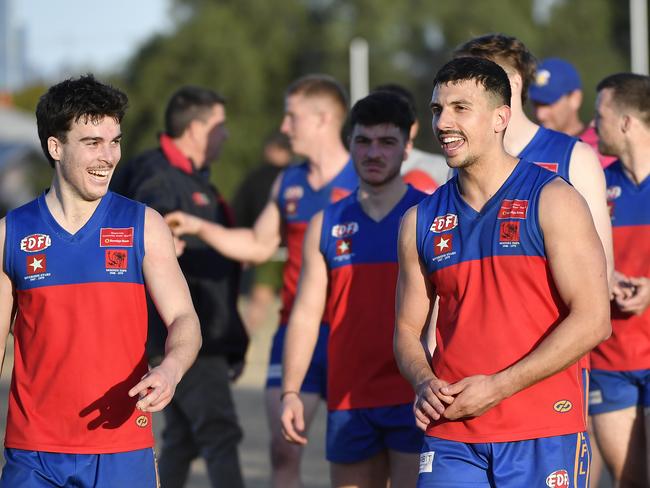 EDFL: Strathmore Community Bank Division One, Round 17. Maribyrnong Park SM vs West Coburg SM at Monk Oval, Mooney Ponds, Victoria, Saturday 10th August 2024. Jubilant Maribrynong celebrate their win over West Coburg n120 to 41. Picture: Andrew Batsch