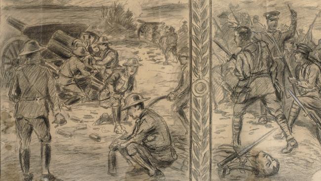 Original design for the mural decoration for the Public Library (1922). Artist: Prospero. An entry for the Library's Mural War Memorial showing troops training in Palestine and views of the Gallipoli Peninsula on the right hand side and fighting on the Western Front on the left hand side.